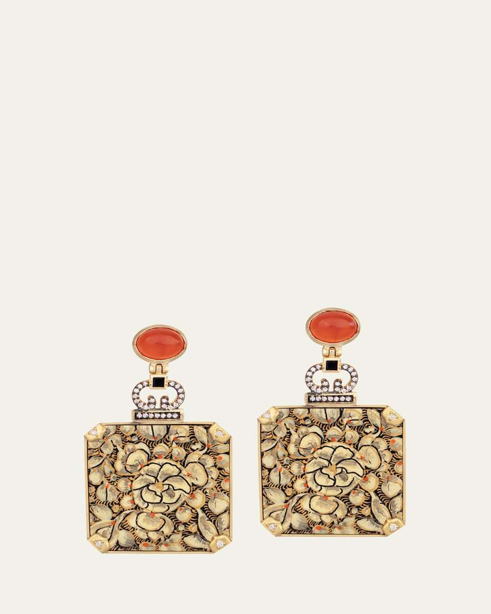 Flower Papier Mache Square Earrings with Diamonds, Carnelian and Onyx